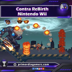 🔫🕰️ Contra ReBirth – Nintendo Wii (2009) En el año 2633, el coronel Salamander viaja al pasado para destruir al escuadrón Contra… antes de que siquiera exista. Bill Rizer, Genbei Yagyu, Brownie y Plissken deben enfrentarse a hordas alienígenas en ruinas mesoamericanas, túneles futuristas y bases secretas, en un run & gun frenético con estética 2D y dificultad clásica. Cooperativo local, armas icónicas y un giro final que revela que el enemigo estaba más cerca de lo que creías. ¿Soldados por la