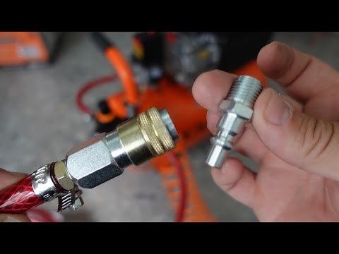 Quick couplings and threaded nipples for compressor and hose.