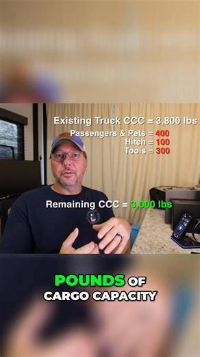 Already own the truck? Figuring out your 5th wheel towing capacity is easier than you think. Full Video Here: https://youtu.be/XD3m-hnxKnM If you already own a truck, you have a clear starting point: the cargo capacity sticker on the door jamb, which is likely labeled “Tire and Loading Information”. Example: Truck’s CCC: 3,800 lbs Subtract existing cargo: - Passengers & pets: 400 lbs - Hitch: 100 lbs - Tools: 300 lbs Remaining capacity for pin weight: 3,000 lbs If the pin weight is 20% of the RV