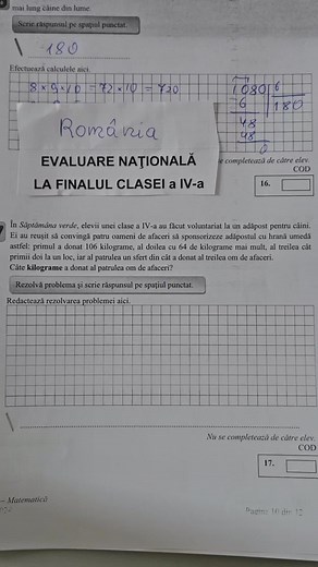 Evaluare Națională la Matematică pentru Clasa IV-a