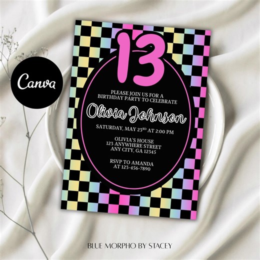 Neon Checkerboard Birthday Invitation | 13th Birthday Invite Girl | Editable Canva Template - Etsy