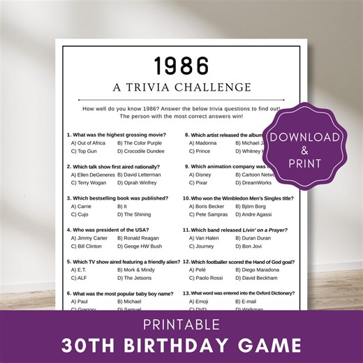 1986 Trivia Game, 40th Birthday Party Game, Born in 1986 Quiz, Printable Birthday Trivia for Adults - Etsy