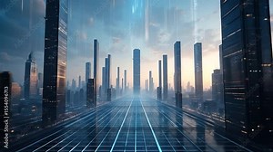 AI-generated urban skyline made from floating binary columns and soft grid light