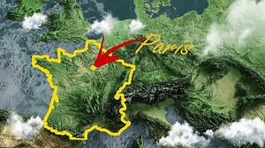A physical map of Europe with relief appears from behind the clouds, drawing the outline of France's borders. Volumetric 3D animation of continent with satellite view in realism style