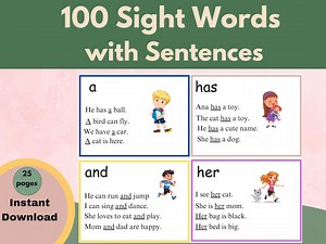 INSTANT DOWNLOAD 100 Printable Sight Word Flash Cards With Sentences. Pre K, Kindergarten, 1st Grade Sight, High Frequency, Learning - Etsy