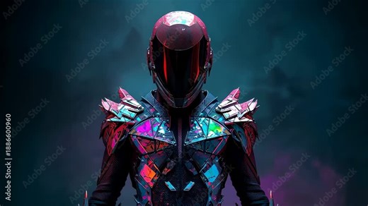 Camera cropping tighter, armored humanoid standing at studio, revealing iridescent helmet plates