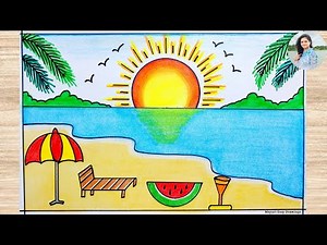 Summer Season Scenery Drawing Easy and Beautiful | How to Draw Beach Scenery Drawing Easy Steps