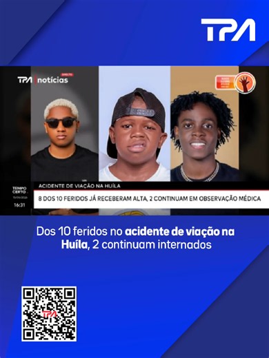 Dos 10 feridos no acidente de viação na Huíla, 2 continuam internados Dois dos dez feridos do acidente de viação ocorrido, na cidade do Lubango, província da Huíla ainda continuam hospitalizados. Entre os envolvidos encontram-se artistas angolanos, num acidente que mobilizou equipas médicas e autoridades locais.