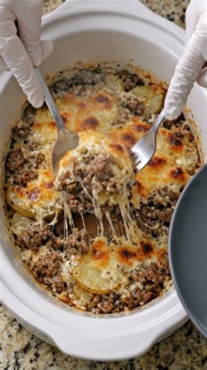 Slow Cooker Creamy Ground Beef and Scalloped Potato Casserole #elisedeliciousbites #recipe #cooking