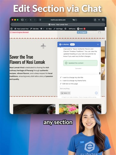 Want to edit a specific part of your website? Just click on any section — and the AI Agent inside Exabytes AI Hosting gets to work. Once selected, simply type your request — like ‘Update this section for my new promotion’. The AI understands exactly what you mean and makes the change right away. No scrolling, no searching — just select, chat, and done. Editing your website has never been this effortless. Try Exabytes AI Hosting now. #Exabytes #GROWDigital #website #websitebuilder #aiwebsites