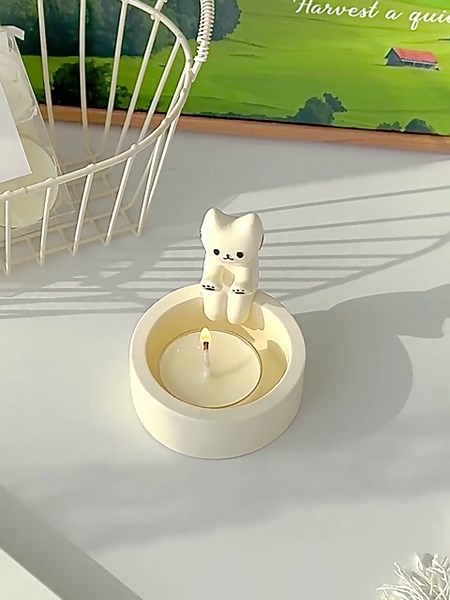 Cartoon Kitten Candle Holder, Handmade Ceramic Candlestick, Kitty Warming Its Paws Cute Scented Light Holder, Gift for Girl Women, Cat Lover Choice