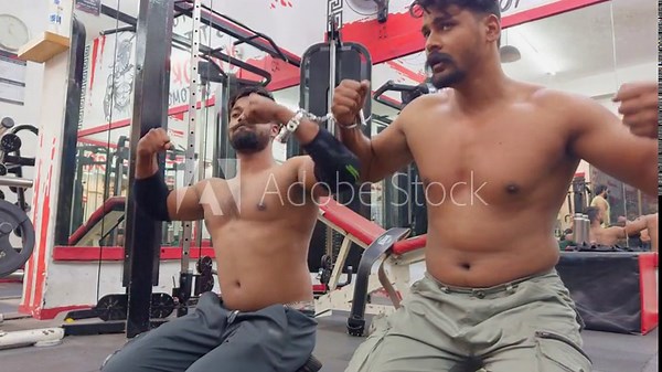 Two fit shirtless man exercise at a gym with shackles