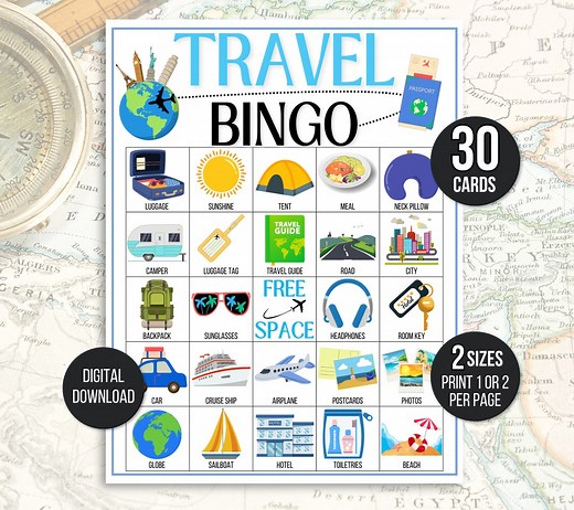 Travel Bingo, 30 Printable Travel Bingo Cards, Cruise Bingo, Road Trip Bingo, Travel Game, Vacation Bingo, Travel Activity, Summer Bingo - Etsy
