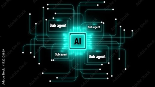 AI intelligence center with glowing digital circuits and sub-agents connecting to a central hub, representing futuristic technology and network.