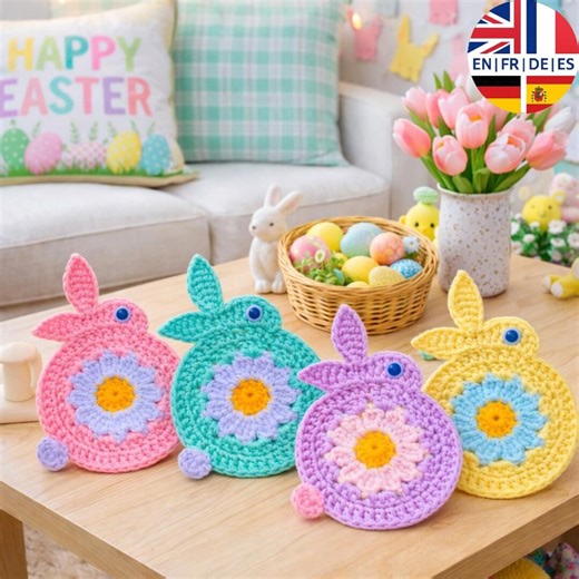 Crochet Easter Bunny Coaster Pattern – Cute Spring Rabbit Mug Rug PDF – 4 Languages - Etsy