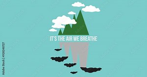 Nature, abstract and sustainability animation with environment for ecology, future and climate change. Clouds, greenhouse gas and factory graphic with text for air pollution, emission and awareness