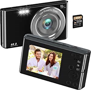 Digital Camera 4K 44MP Compact Point and Shoot Camera with 16X Digital Zoom 32GB SD Card,Kids Camera 2.4 Inch, Vlogging Camera for Teens Students Boys Girls Seniors(Black2)