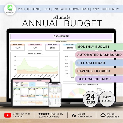 Apple Numbers Annual Budget Planner Spreadsheet for Mac iPhone iPad Monthly Budget Financial Planner Bill Tracker Debt Sinking Fund Template - Etsy