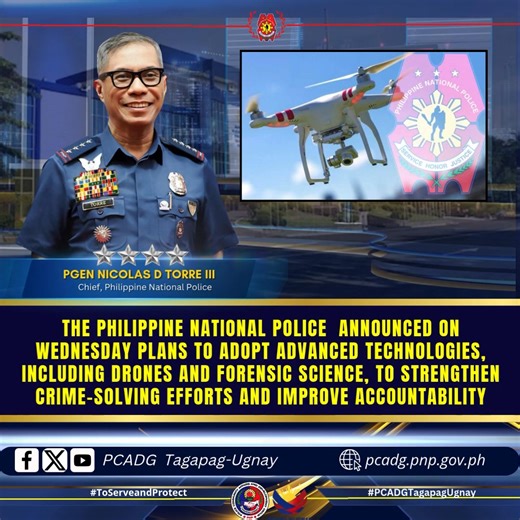 The Philippine National Police (PNP) announced on Wednesday plans to adopt advanced technologies, including drones and forensic science, to strengthen crime-solving efforts and improve accountability. During a press briefing at Malacañang, PNP chief General Nicolas Torre III emphasized the vital role of science and technology in modern law enforcement. "Science will always play a better role in our policy right now," Torre said. The PNP is also set to reintroduce drone patrols to enhance surveil
