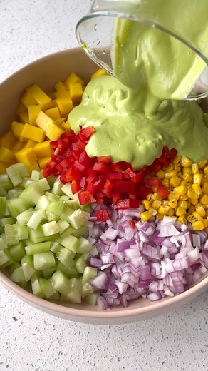 Danielle Brown | healthy recipes on Instagram: "bookmark this vegan mango mama salad 🥭 (with creamy cilantro lime dressing!)✨follow @healthygirlkitchen for more vegan recipes! ingredients: 2 cups kale 2 cups cubed mango 1 cup avocado 2 cups diced cucumber 1 cup steamed corn 1/2 cup diced red onion 1 cup diced bell pepper creamy cilantro lime dressing: 1 head cilantro 1/4 cup lime juice 1/3 cup avocado oil 3 tbsp water 1/2 cup cashews 1 tsp salt 1 tsp garlic enjoy besties! #veganrecipes #