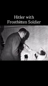 Hitler asking a frostbitten and snow ravaged soldier not to salute him, but to instead rest and recover. Most likely taken sometime between November 1941 and March 1942. During the Winter Crisis, the majority of the Wehrmacht were still equipped with their worn out summer uniforms and summer boots (often stuffed with newspapers to try to make them warmer). This was a direct failure of the German High Command to properly equip their soldiers for winter combat in the inhospitable Russian terrain. 
