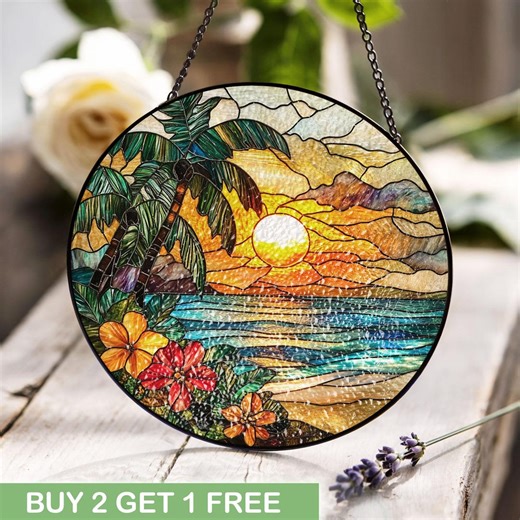 Tropical Sunset Stained Glass Panel for Beach House Decor, Ocean View Sun Catcher Art, Coastal Window Hanging, Palm Tree Stained Glass Gift - Etsy