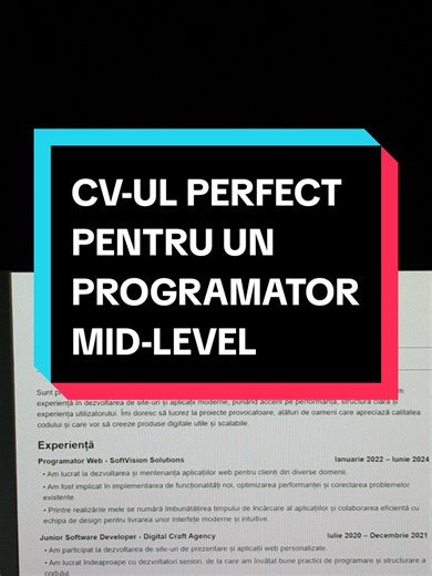ASA ARATĂ CV-UL PERFECT PENTRU UN PROGRAMATOR MID-LEVEL. Structura CV-ULUI este simplă și perfectă pentru ATS, sectiunile sunt relevante si îți scot în evidență calitățile. Nu trebuie sa te complici cu filosofii, fă lucrurile simplu și o să ai mai multe șanse la interviuri. #interview #resumetips #cvprofesionist #cariera #hiringcv