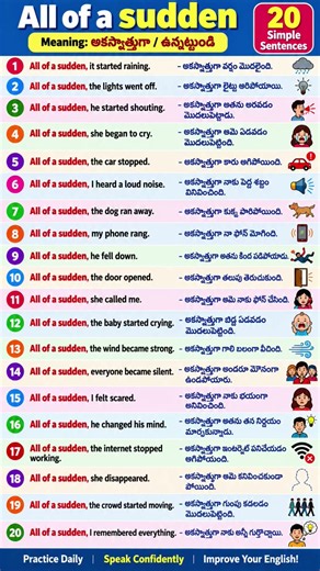All of a Sudden Meaning & 20 Simple English Sentences | English Through Telugu
