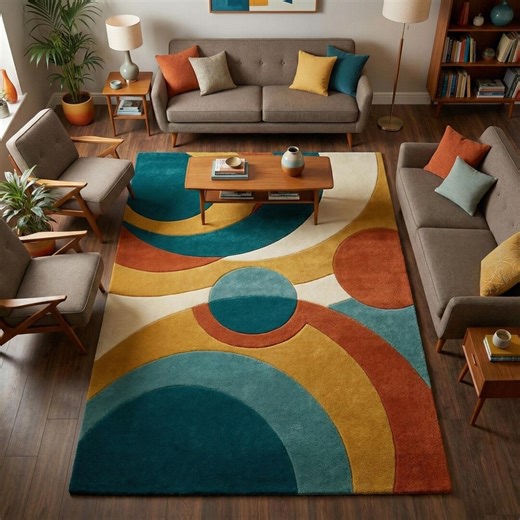 Mid Century Modern Colorful Area Rug, Abstract Geometric Rug, Retro Living Room Rug, Boho Scandinavian Carpet, Teal Mustard Burnt Orange. - Etsy