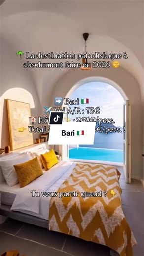 🌴 La destination paradisiaque à absolument faire en 2026 🌞 ➡️ Bari 🇮🇹 ✈️ Vol A/R : 75€ 🏨 Hôtel 5✨ : 269€/pers. 👉 Total : moins de 344€/pers. ! La destination paradisiaque que tu dois absolument visiter ! Vol Hôtel = 344€ par personne ! ✈️ Pour le vol, j'ai regardé sur Skyscanner #voyage #bonsplans #vacances #petitbudget #glowuptrotter Bon plan voyage, Partir moins cher, Voyager pas cher. 🎥nest_cape