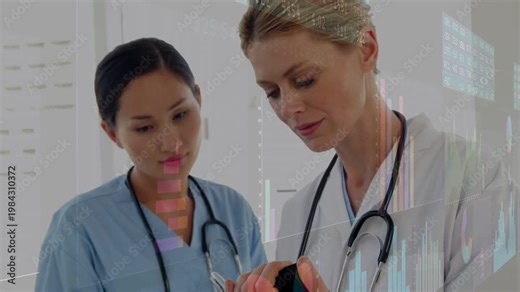 Dr pointing device while nurse leaning over clipboard, analyzing patient data with animated charts
