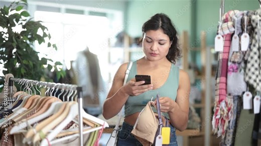 Selective young woman checking QR-code of brassiere in retail outlet with new summer collection
