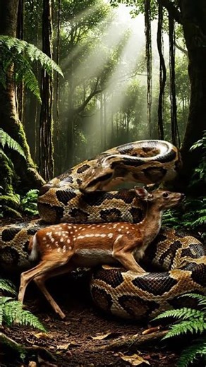 A python constricts and bites a deer fawn, wide-angle forest shot.
