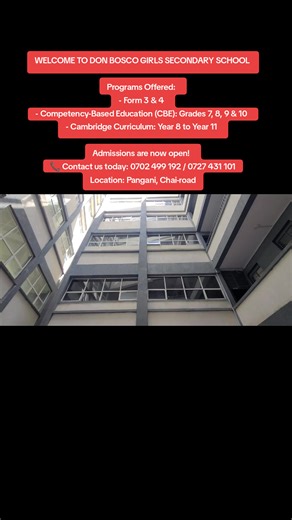 WELCOME TO DON BOSCO GIRLS SECONDARY SCHOOL Programs Offered: - Form 3 & 4 - Competency-Based Education (CBE): Grades 7, 8, 9 & 10 - Cambridge Curriculum: Year 8 to Year 11 Admissions are now open! 📞 Contact us today: 0702 499 192 / 0727 431 101 Location: Pangani, Chai-road #education #foryou #foryoupage #fypシ #fyp