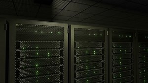 Data center server racks blinking LED lights