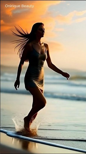 Beautiful girl running on the beach in the golden sunset