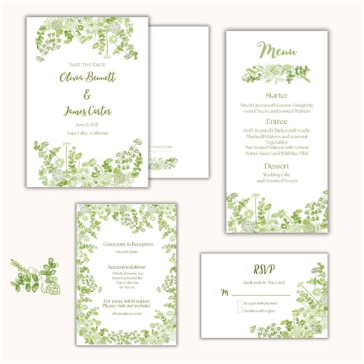 Green Botanical Wedding Invitation Suite, Modern Garden Stationery, Animated Save the Date (printable) - Etsy