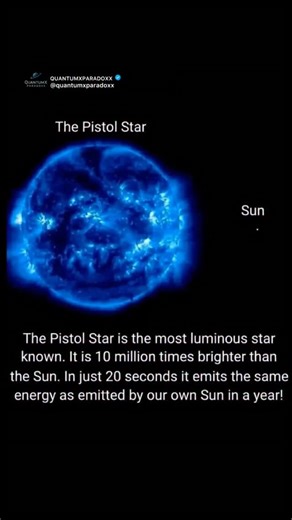 The Pistol Star is one of the most luminous stars ever observed. It shines nearly ten million times brighter than our Sun. In just twenty seconds, it releases as much energy as the Sun emits in an entire year. A reminder of how extreme and powerful stellar physics can be. #PistolStar #Hypergiant #StellarPhysics #CosmicScale #Astrophysics | QuantumXparadoxx