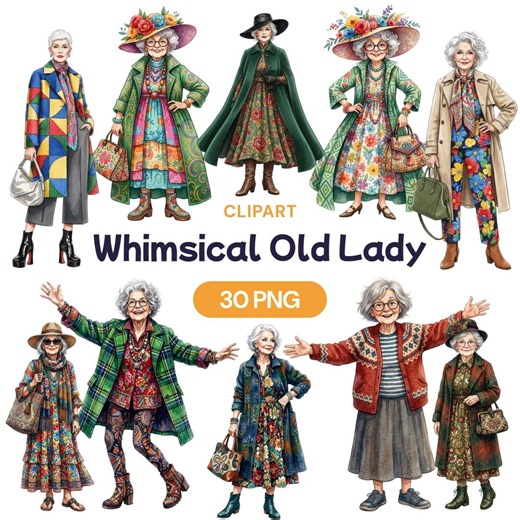 Whimsical Old Lady Clipart, Quirky Senior Woman PNG, Fashionable Grandma Art, Colorful Watercolor Character, Eccentric Female - Etsy