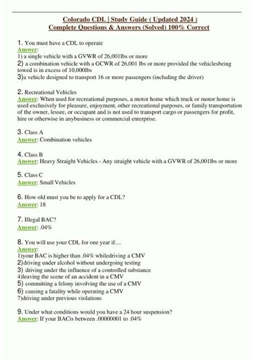Colorado CDL Study Guide Updated 2024 Complete Questions Answers Solved 100 Correct