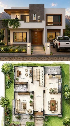 PLANO DE CASA MODERNA DE DOS PLANTAS CON 4 RECAMARAS