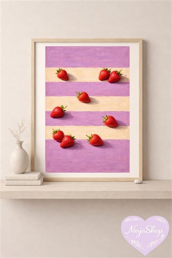 Strawberry Pattern Poster, Pink Stripe Wall Art, Summer Fruit Print - Etsy