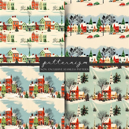 Seamless Winter Christmas Village Pattern Digital Download – Snowy Town & Red House Design, Whimsical Holiday Fabric Print - Etsy