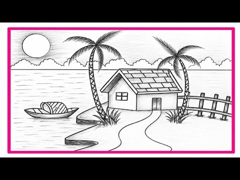 Easy Beach House Drawing 🌴 | Simple Scenery Drawing for Beginners step by step