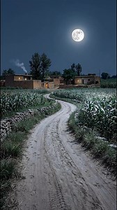 A bright full moon illuminates a quiet village night. Gentle smoke rises from a warm home, as if someone is cooking or sitting by the fire inside. Green fields stretch on either side of a small path, creating a scene of calm, peace, and serenity. Every detail , the still moon, the resting village, and the quiet night , brings a sense of relaxation and tranquility. Perfect for anyone who wants to feel the gentle, peaceful life of a village under the moonlight. | Pure Village Life