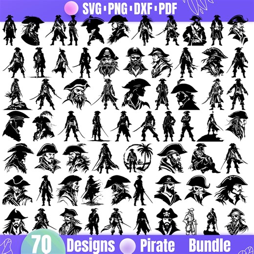70 Pirate Bundle SVG, Pirate Silhouette Clipart, Captain Portrait PNG, Nautical Warrior DXF, Pirate Ship & Skull Cut Files for Cricut - Etsy
