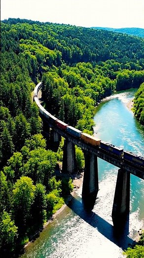 Train Passing Through Greenery & Over River | Relaxing Nature Sounds| 8K HDR Scenic Journey