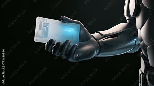 Hand of robot futuristic AI holding a credit card on hand. Robot hand holding bank card. Artificial intelligence, science, ai technology