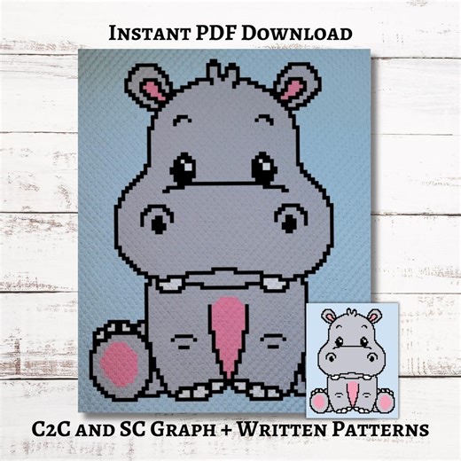 Baby Hippo Graph, Crochet Pattern, C2C and SC Graphgan + Written Instructions Corner-to-corner, PDF Download, Jungle Blanket for Nursery - Etsy Canada