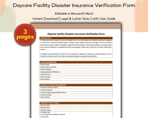 Daycare Facility Disaster Insurance Verification Form Editable and Printable Template, Preschool, Childcare, School Admin, Legal Compliance - Etsy